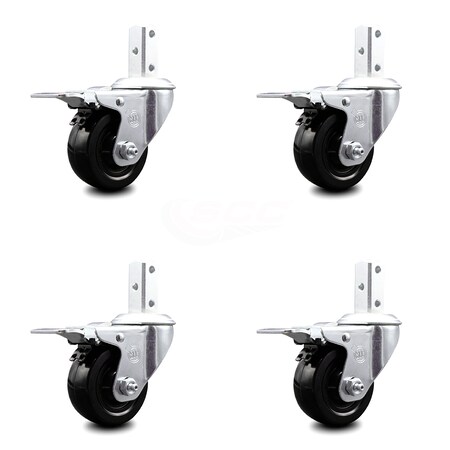 Service Caster 3 Inch Hard Rubber Wheel Swivel 7/8 Inch Square Stem Caster Set Total Lock Brake SCC-SQTTL20S314-HRS-78-4